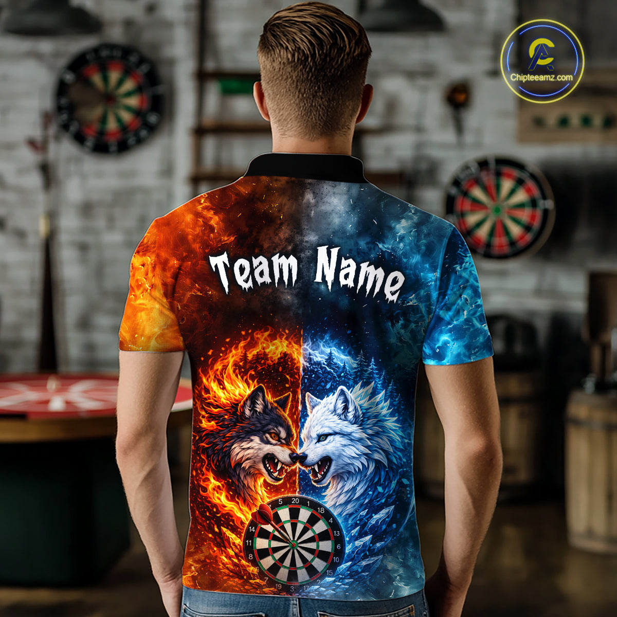 Back view of a man wearing a custom fire and ice wolf dart polo with personalized team name and a fierce wolf, flaming dartboard, and blue icy flames in a professional dart room.