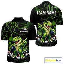 Load image into Gallery viewer, Black short-sleeve quarter-zip jersey shown from front and back with a green cartoon dinosaur graphic, green hexagon pattern, white 'TEAM NAME' and 'YOUR NAME' text, and a ChipteeAmz logo in the bottom right.