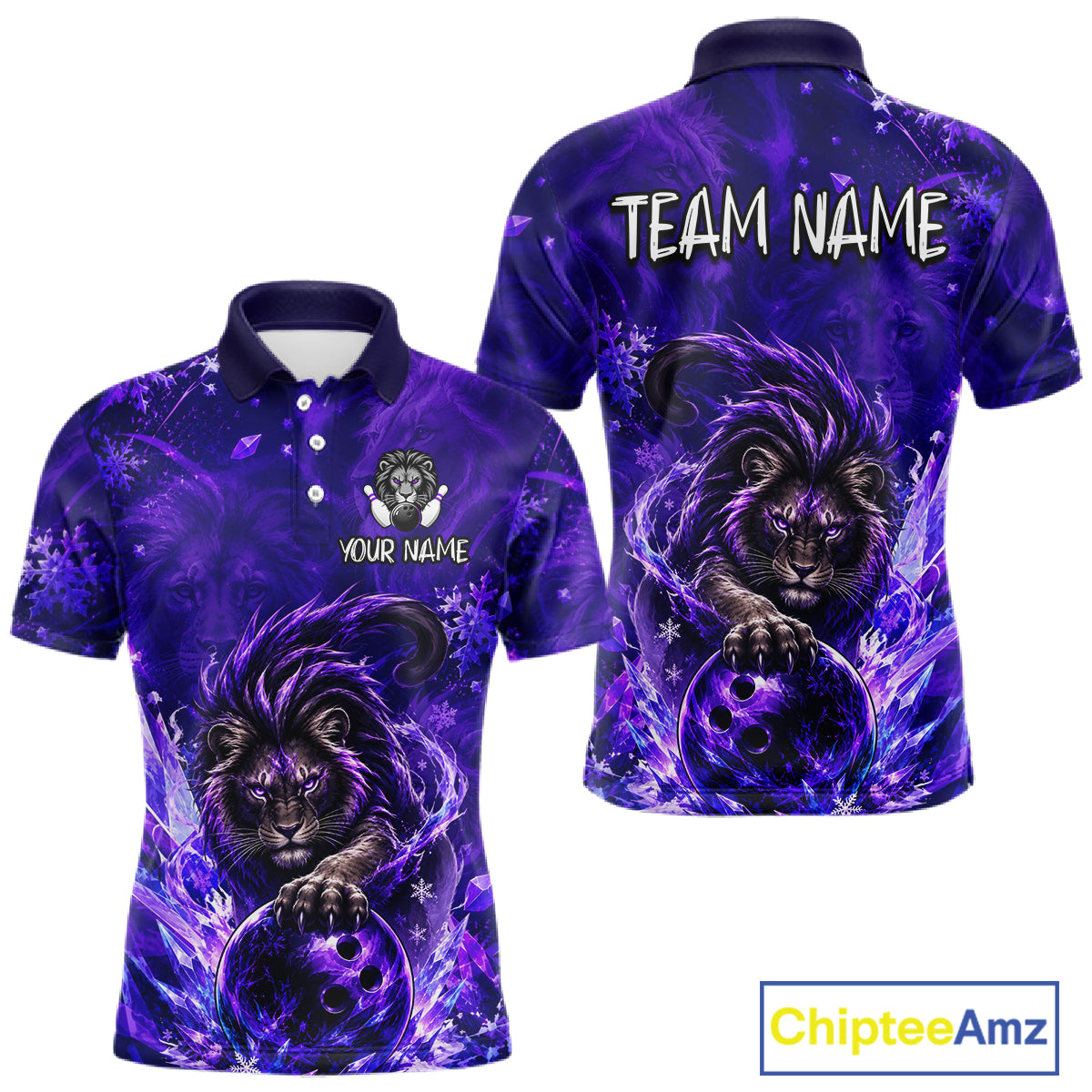 Front and back views of a purple short-sleeve polo shirt featuring a graphic of a lion holding a bowling ball, with customizable text placeholders 'YOUR NAME' and 'TEAM NAME'.