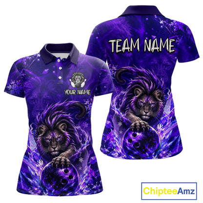 Custom short-sleeve polo shirt shown from the front and back, featuring a vivid purple and black cosmic lion graphic with a bowling ball, plus placeholder text 'TEAM NAME' and 'YOUR NAME'.