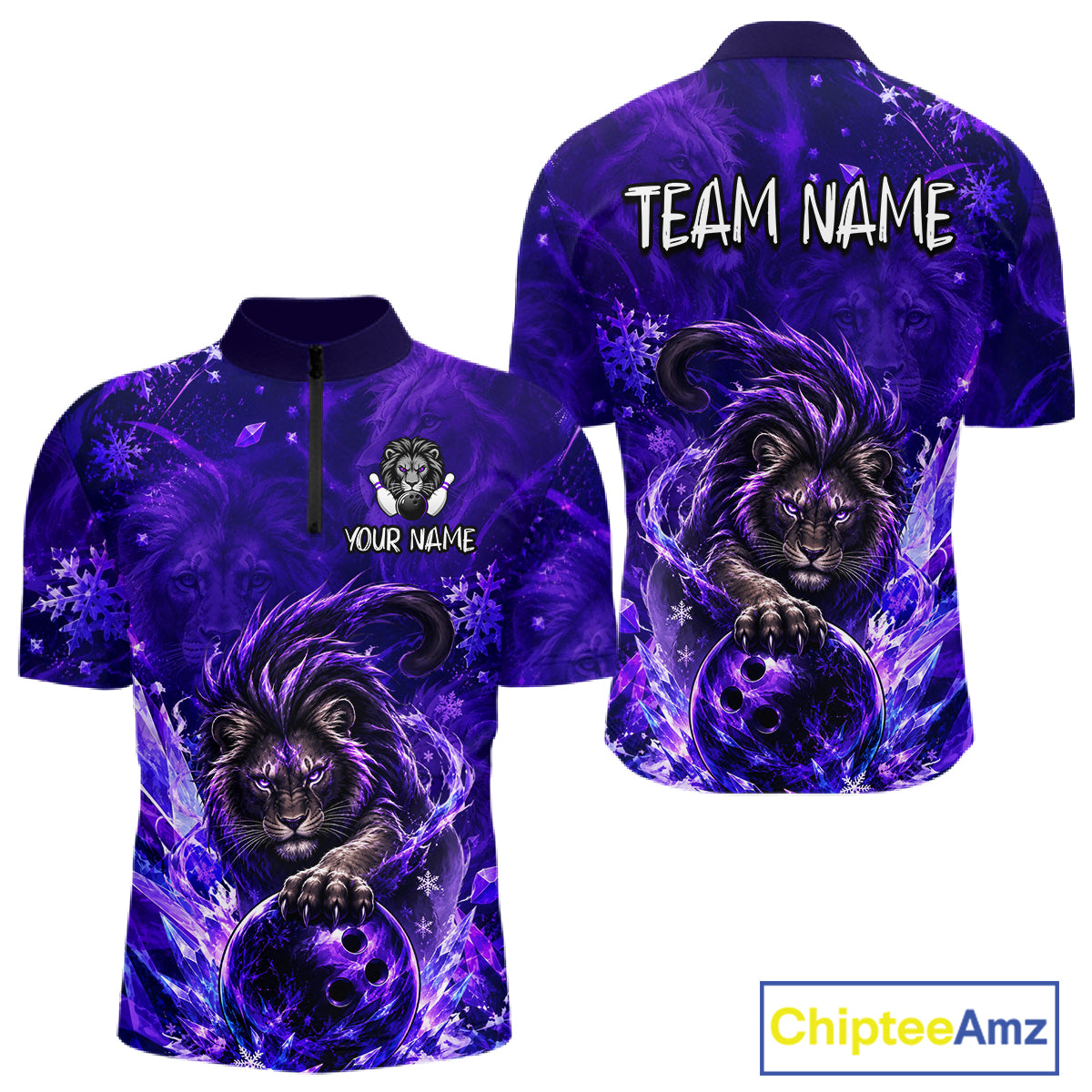 Custom short-sleeve quarter-zip polo shirt shown from the front and back, featuring a purple and black cosmic lion graphic with bowling balls, customizable text