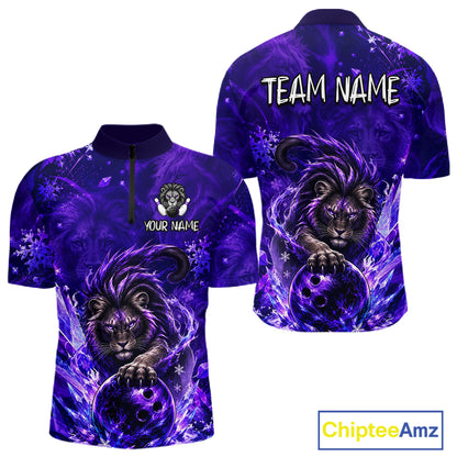 Custom short-sleeve quarter-zip polo shirt shown from the front and back, featuring a purple and black cosmic lion graphic with bowling balls, customizable text