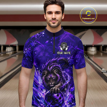 A man wearing a purple and blue bowling-themed short-sleeve quarter-zip shirt with a lion graphic and 'YOUR NAME' text, set against a bowling alley background. 