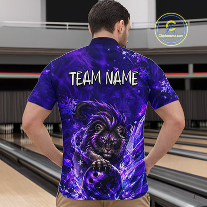 A man viewed from behind wearing a short-sleeve bowling shirt with a purple and blue cosmic lion graphic and the text 'TEAM NAME' on the back. The background shows bowling lanes