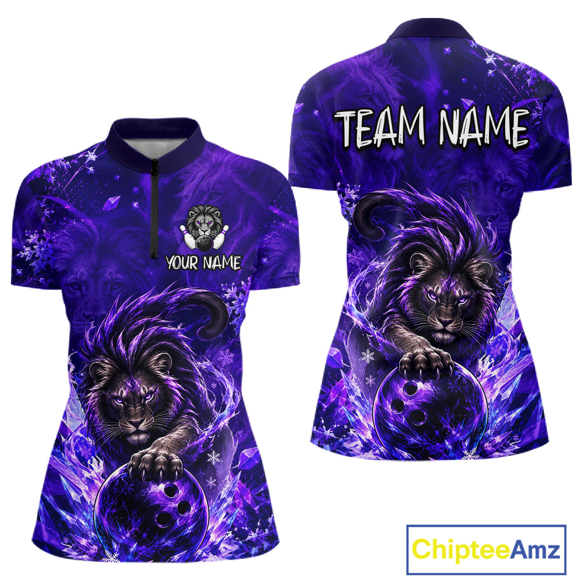 Front and back views of a women's short-sleeve polo shirt featuring a purple and black cosmic lion graphic holding a bowling ball, with customizable text areas on the front and back, shown on a white background with a ChipteeAmz logo in the corner.