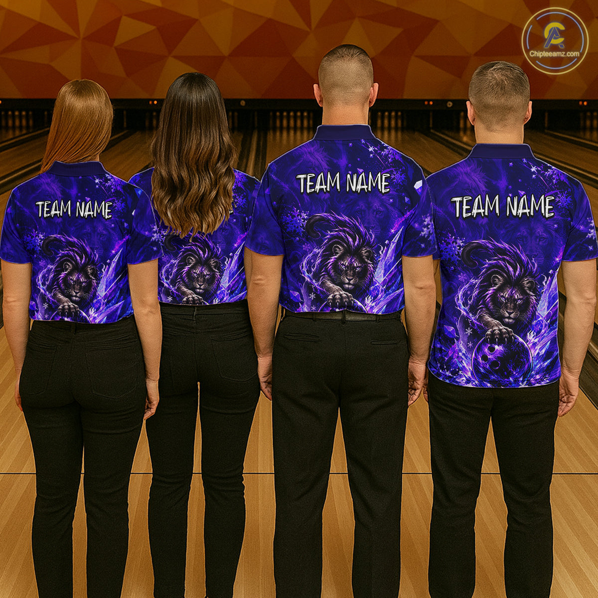 Four people standing in a bowling alley, viewed from behind, wearing matching blue and purple bowling shirts with a lion graphic and 'TEAM NAME' text on the back, paired with black pants.