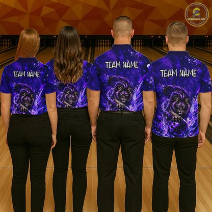Four people standing in a bowling alley, viewed from behind, wearing matching blue and purple bowling shirts with a lion graphic and 'TEAM NAME' text on the back, paired with black pants.