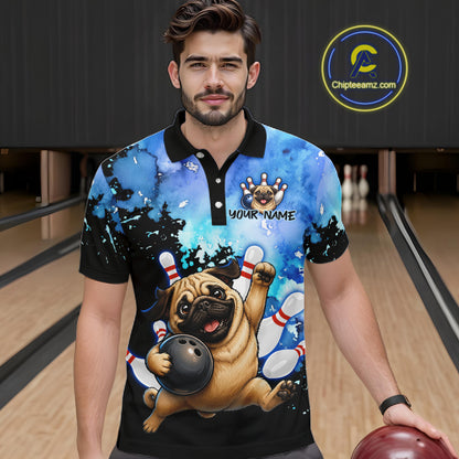 A man wearing a custom short-sleeve bowling-themed polo shirt with a graphic of a pug chasing bowling pins. The shirt features a blue and black watercolor splash design with the text 'YOUR NAME' and a crown graphic.