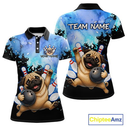 Custom short-sleeve polo shirt shown from the front and back, featuring a cartoon pug dog bowling with white bowling pins and a blue watercolor-style background. The front has a black collar and placket, and the back has a black collar and black sleeves.