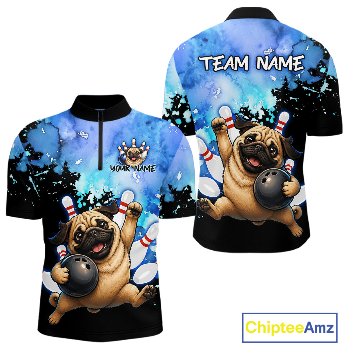 Front and back views of a short-sleeve zip-up bowling-themed shirt with a cartoon pug holding a bowling ball and pins
