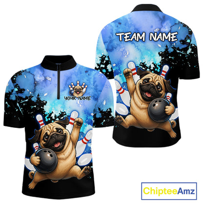 Front and back views of a short-sleeve zip-up bowling-themed shirt with a cartoon pug holding a bowling ball and pins