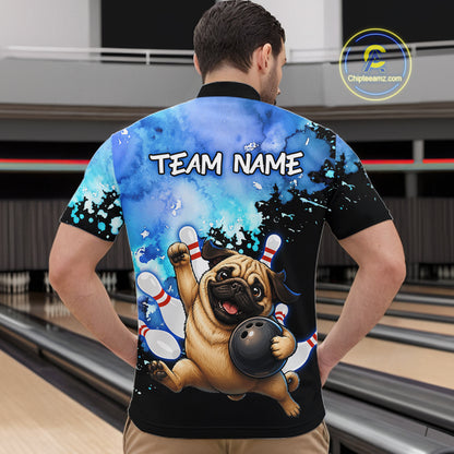 A man viewed from behind wearing a custom bowling-themed short-sleeve shirt with a cartoon pug holding a bowling ball on the back, set against a bowling alley background. 