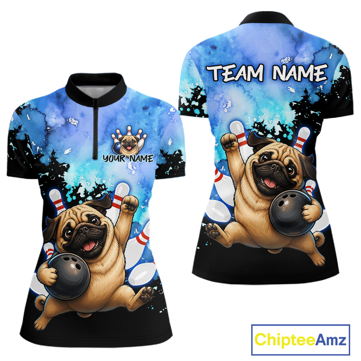 Custom short-sleeve bowling-themed polo shirt shown from the front and back. The shirt features a blue watercolor-style background with black trees, white bowling pins, and a cartoon pug holding a bowling ball.