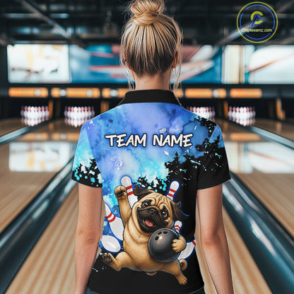 A woman viewed from behind wearing a custom bowling-themed short-sleeve polo shirt with a printed pug holding a bowling ball and the text 'TEAM NAME' on the back, set against a bowling alley background.