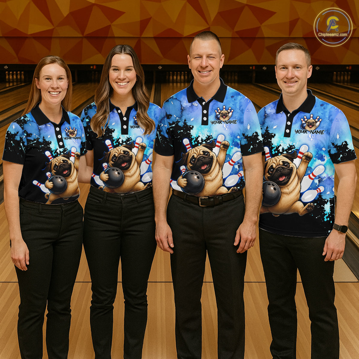 Four people standing in a bowling alley wearing matching custom bowling-themed polo shirts with a pug graphic and bowling pins, paired with black pants.