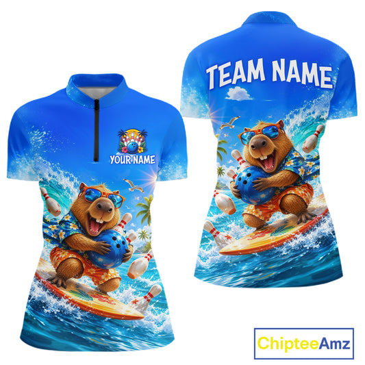 Blue sports jersey with a bear character on a surfboard, customizable text areas, and Chiptee Amz branding.