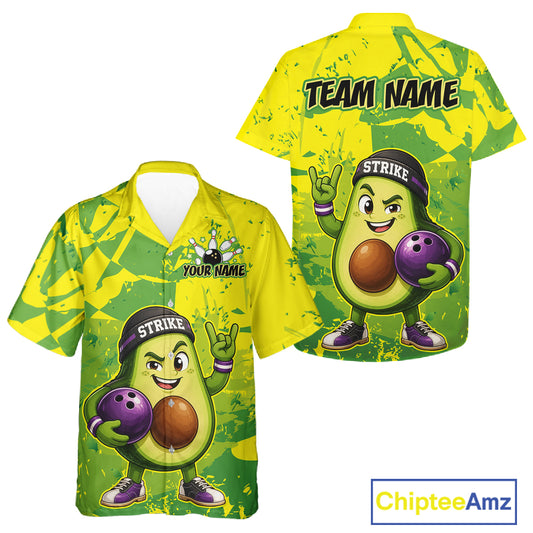 Avocado-themed bowling shirt with cartoon character and customizable text on a white background