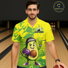 Load image into Gallery viewer, Person wearing a colorful bowling shirt with a cartoon character on a bowling alley.