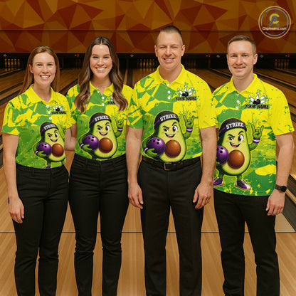 Four people wearing matching green and yellow bowling shirts with avocado and bowling ball graphics on a bowling alley background.