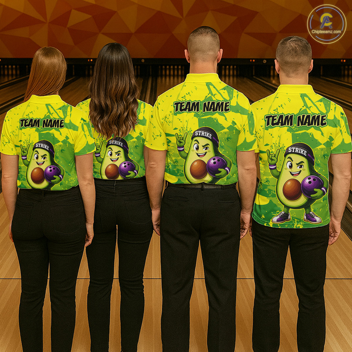 Four people wearing matching green bowling shirts with a team name on a bowling alley.