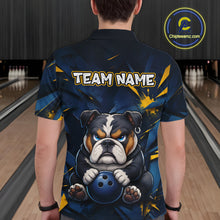Load image into Gallery viewer, Male model wearing a custom blue bulldog bowling polo shirt back view displaying the personalized team name above a fierce cartoon bulldog graphic at the bowling alley