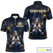 Load image into Gallery viewer, Front and back view custom blue bulldog bowling polo shirt featuring a fierce cartoon bulldog with bowling ball, gold lightning accents and navy blue abstract pattern, personalized with team name and player name