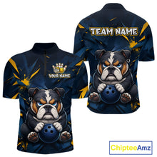 Load image into Gallery viewer, Front and back view custom blue bulldog bowling quarter-zip shirt featuring a fierce cartoon bulldog with bowling ball, gold lightning accents and navy blue abstract design, personalized with team name and player name