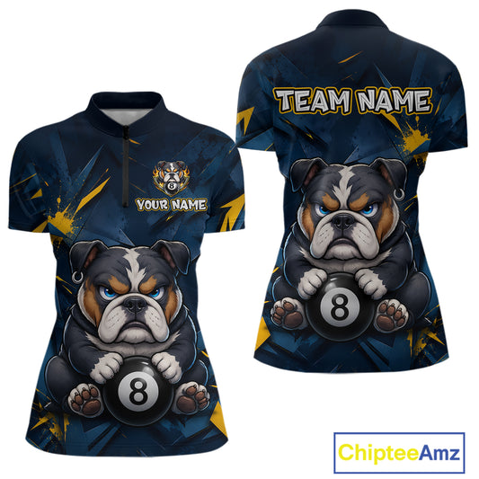 Front and back views of a women's short-sleeve quarter-zip jerseys with a custom funny bulldog graphic design. The shirt features a bulldog holding an 8-ball on the front, and 'YOUR NAME' with placeholder text on the front, 'TEAM NAME' with placeholder text on the back.