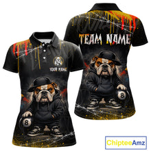 Load image into Gallery viewer, Front and back views of a black short-sleeve polo shirt featuring a printed red and yellow splash design with a hip hop bulldog holding a pool ball, plus customizable text areas on the chest and back.
