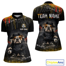 Load image into Gallery viewer, Front and back views of a women's short-sleeve quarter-zip jerseys with a custom funny hip hop bulldog graphic design. The shirt features a bulldog holding an 8-ball on the front, and 'YOUR NAME' with placeholder text on the front, 'TEAM NAME' with placeholder text on the back.