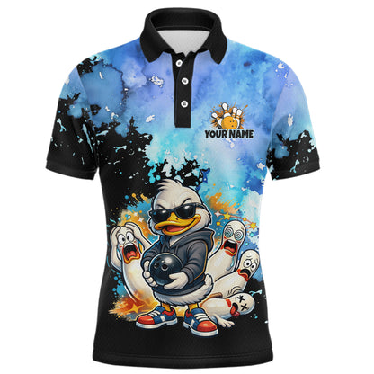 Colorful polo shirt with cartoon duck design on a white background