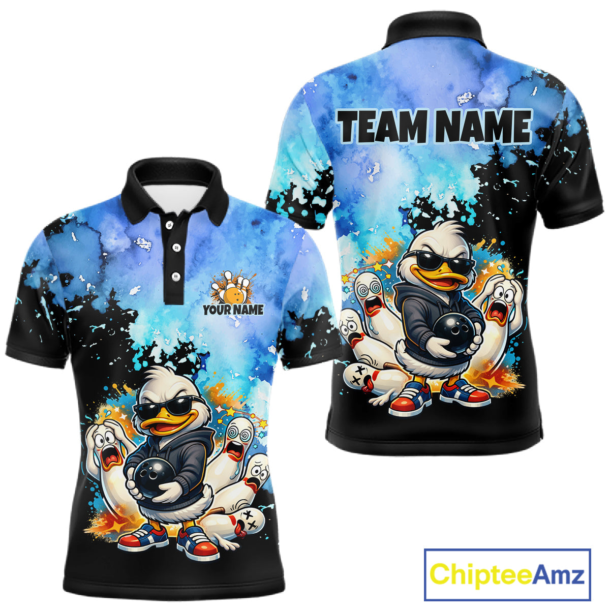 Colorful polo shirt with cartoon duck design and customizable text on a white background