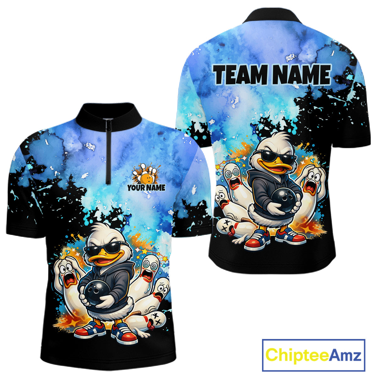 Colorful bowling-themed shirt with cartoon duck design on a white background