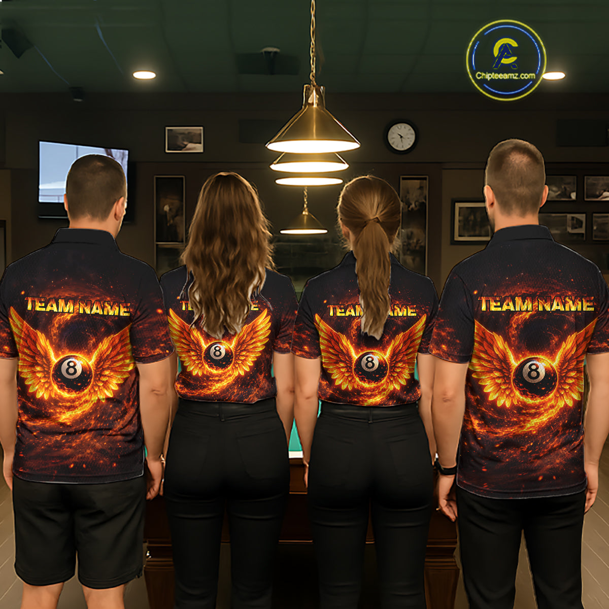 Orange Flame Billiard Shirt for Men Custom Wings 8 Ball Billiard Jersey Polo & 1/4 Zip Billiard Outfit BHT9