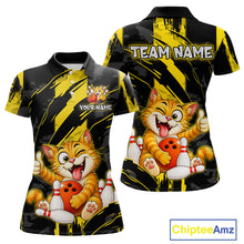 Load image into Gallery viewer, Front and back view custom black yellow cat bowling polo shirt featuring a playful cartoon cat with bowling ball, bowling pins and yellow black paint stroke pattern, personalized with team name and player name