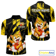 Load image into Gallery viewer, Front and back view custom black yellow cat bowling quarter-zip shirt featuring a playful cartoon cat with bowling ball, bowling pins and yellow black paint stroke design, personalized with team name and player name