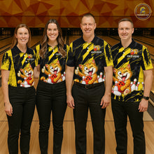 Load image into Gallery viewer, Group of four wearing custom black yellow cat bowling shirts front view featuring playful cartoon cat artwork with bowling ball, bowling pins and yellow black paint stroke pattern at the bowling alley