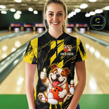 Load image into Gallery viewer, Female model wearing a custom black yellow bulldog bowling quarter-zip shirt front view featuring a playful cartoon bulldog, bowling ball, bowling pins and yellow black paint stroke pattern at the bowling alley
