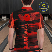 Load image into Gallery viewer, Male model wearing a custom black red bowling polo shirt back view displaying the personalized team name below a red bowling ball emblem at the bowling alley