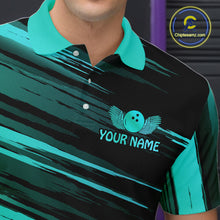 Load image into Gallery viewer, Close-up front view of a custom black turquoise bowling polo shirt showing the personalized player name, turquoise bowling ball emblem and dynamic gold brush stroke des