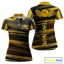 Load image into Gallery viewer, Front and back view custom black gold bowling polo shirt featuring a gold bowling ball emblem, dynamic gold brush stroke pattern and striped design, personalized with team name and player name