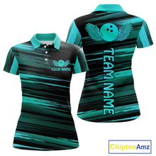 Load image into Gallery viewer, Front and back view custom black turquoise bowling polo shirt featuring a turquoise bowling ball emblem, dynamic turquoise brush stroke pattern and striped design, personalized with team name and player name