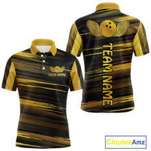 Load image into Gallery viewer, Front and back view custom black gold bowling polo shirt featuring a gold bowling ball emblem, dynamic gold brush stroke pattern and striped design, personalized with team name and player name