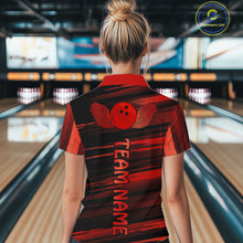 Load image into Gallery viewer, Female model wearing a custom black red bowling polo shirt back view displaying the personalized team name below a red bowling ball emblem at the bowling alley