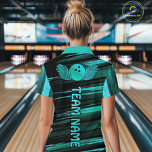 Load image into Gallery viewer, Female model wearing a custom black turquoise bowling polo shirt back view displaying the personalized team name below a turquoise bowling ball emblem at the bowling alley