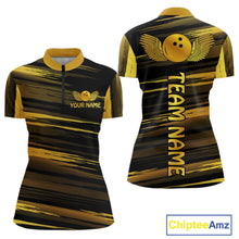 Load image into Gallery viewer, Front and back view custom black gold bowling quarter-zip shirt featuring a gold bowling ball emblem, dynamic gold brush stroke pattern and striped design, personalized with team name and player name