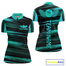 Load image into Gallery viewer, Front and back view custom black turquoise bowling quarter-zip shirt featuring a turquoise bowling ball emblem, dynamic turquoise brush stroke pattern and striped design, personalized with team name and player name