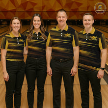 Load image into Gallery viewer, Group of four wearing custom black gold bowling shirts front view featuring gold bowling ball emblem, dynamic gold brush stroke pattern and striped design at the bowling alley
