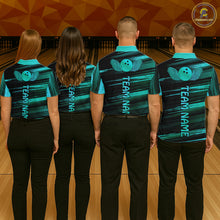 Load image into Gallery viewer, Group of four wearing custom black turquoise bowling shirts back view displaying personalized team names below a turquoise bowling ball emblem on a black turquoise brush stroke background at the bowling alley