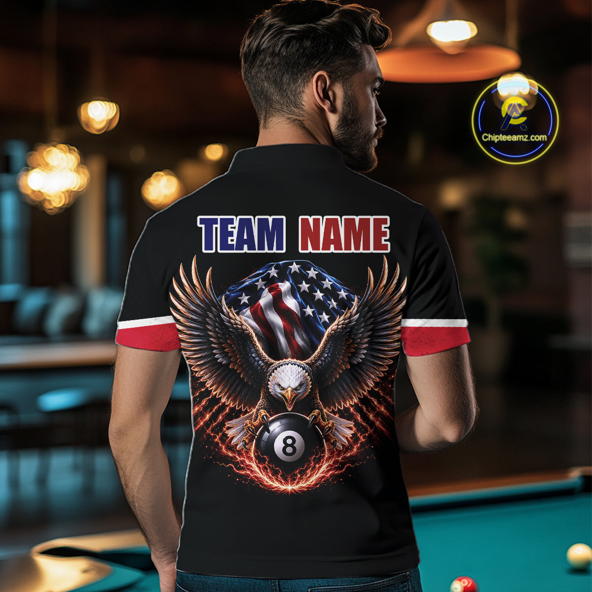 Custom American Flag Black Eagle Billiards Shirt for Men 8 Ball Pool Team Jersey Billiard Gift BHT100